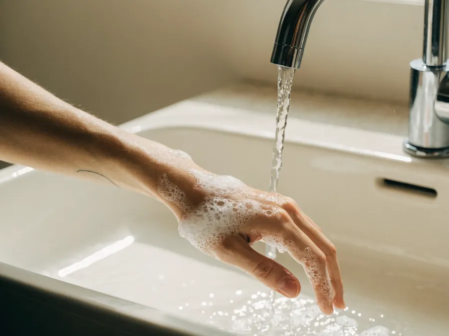 Mycie świeżego tatuażu delikatną pianą pod bieżącą wodą
